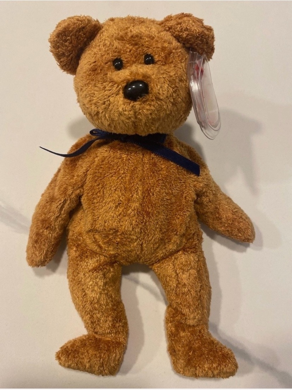 Fuzz Ty Brown Teddy Bear Plush with Navy Ribbon